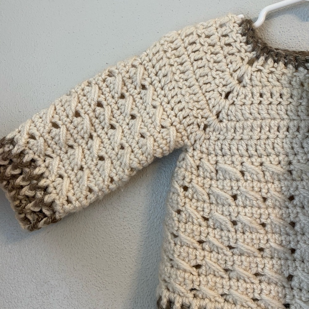 Handmade Cream and Brown Wool Crochet Baby Cardigan - Picture 4 of 5